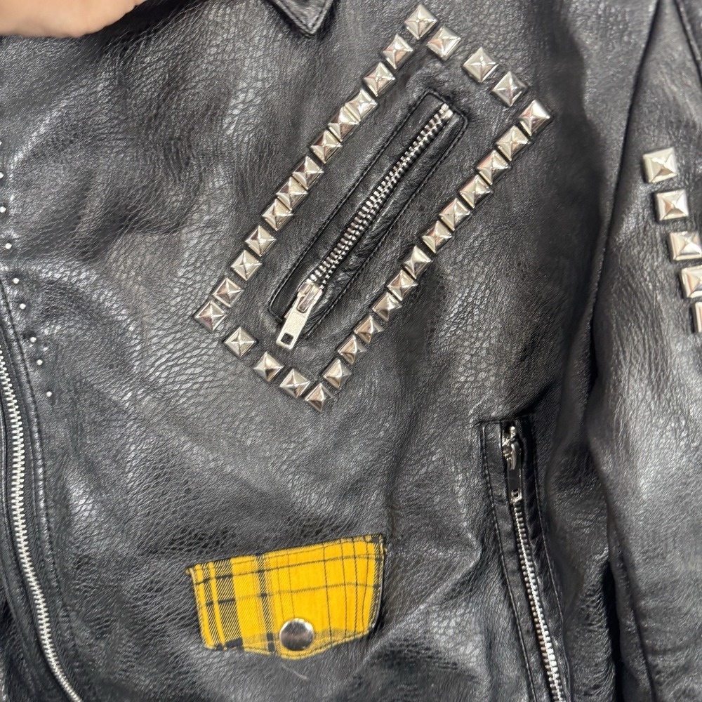 Azalea Wang Studded Vegan Leather Moto Jacket Plaid Monster High Frankie Stein M - Picture 10 of 16